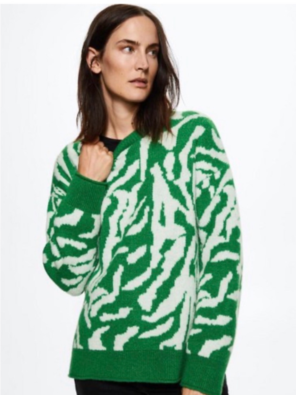 Mango Green and White Zebra-Print Sweater